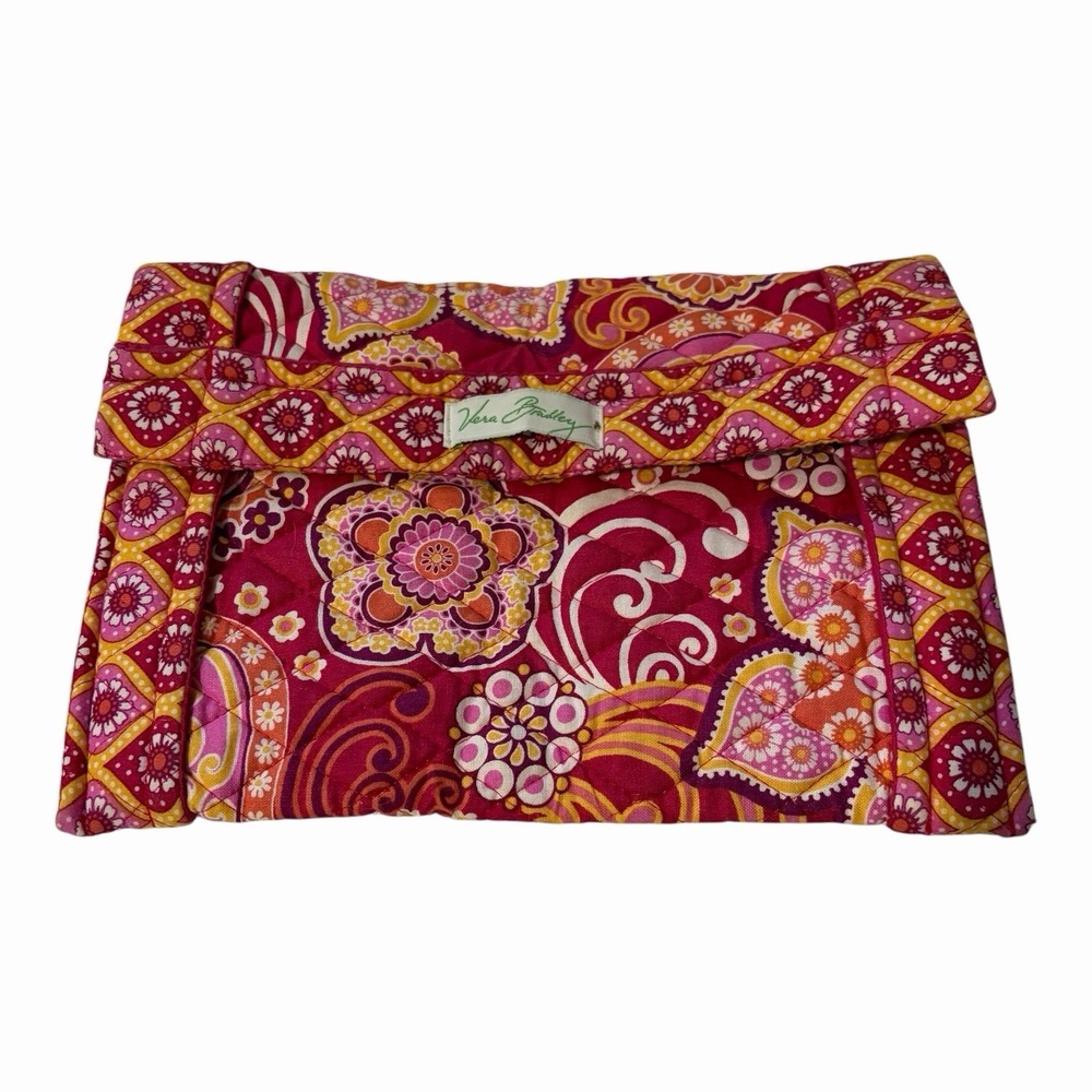 Vera Bradley Raspberry Fizz Fold Over pouch Pink Orange Floral Paisley 7" X 9.5"